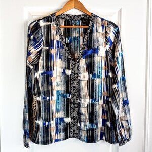 BKE Boutique Blue Abstract Print Crochet Trim Long Sleeve Top